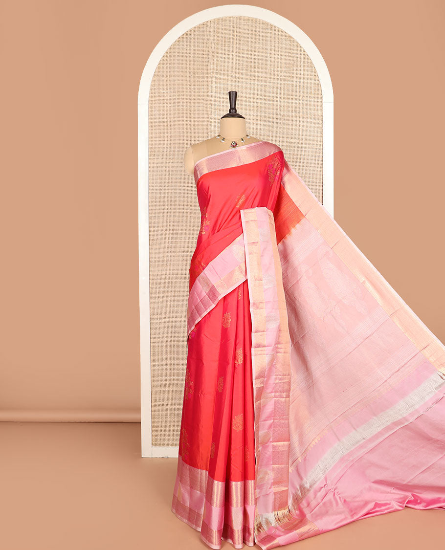 Red zari buttas budget silk saree, contrast varisai pettu traditional zari border, and pallu of intricate designs