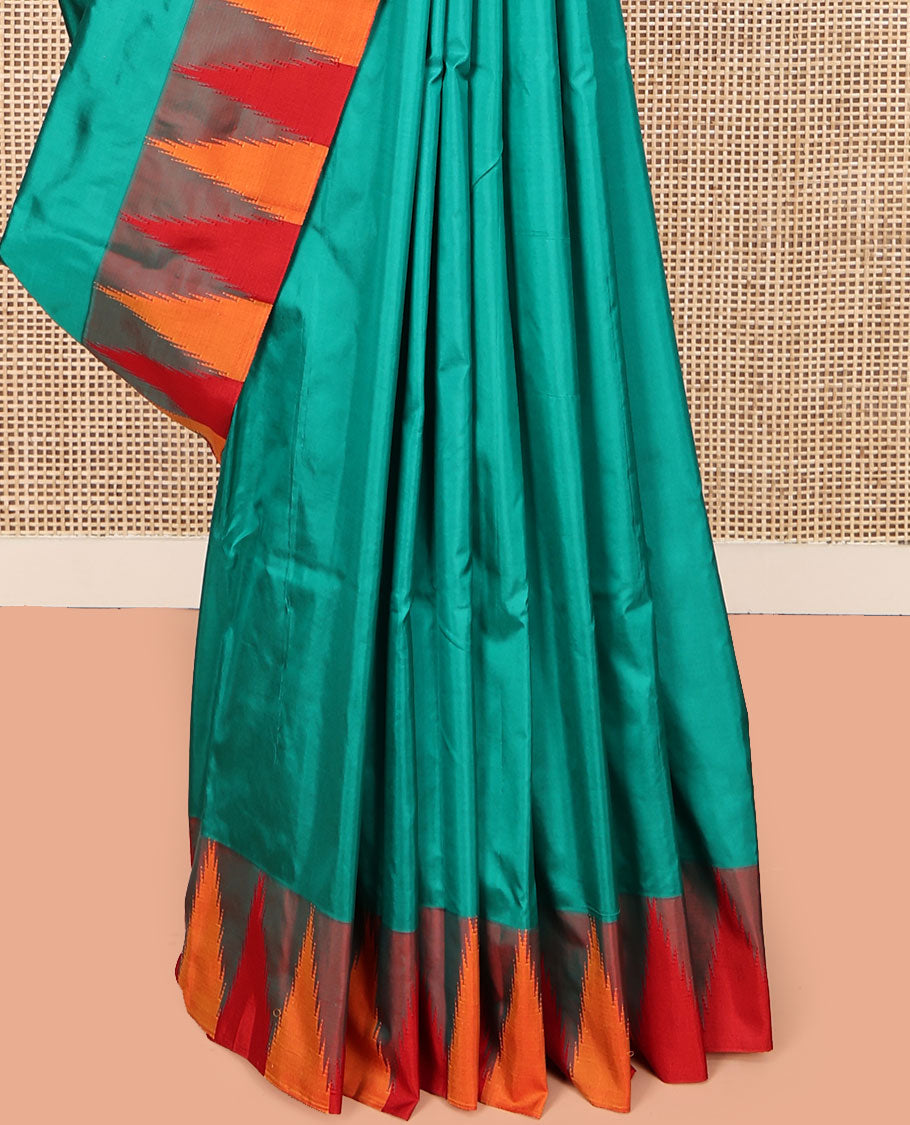Green Plain Bangalore Silk Saree, Complemented by a Contrast Temple Border, Pallu of Stripes, and a Contrast Blouse