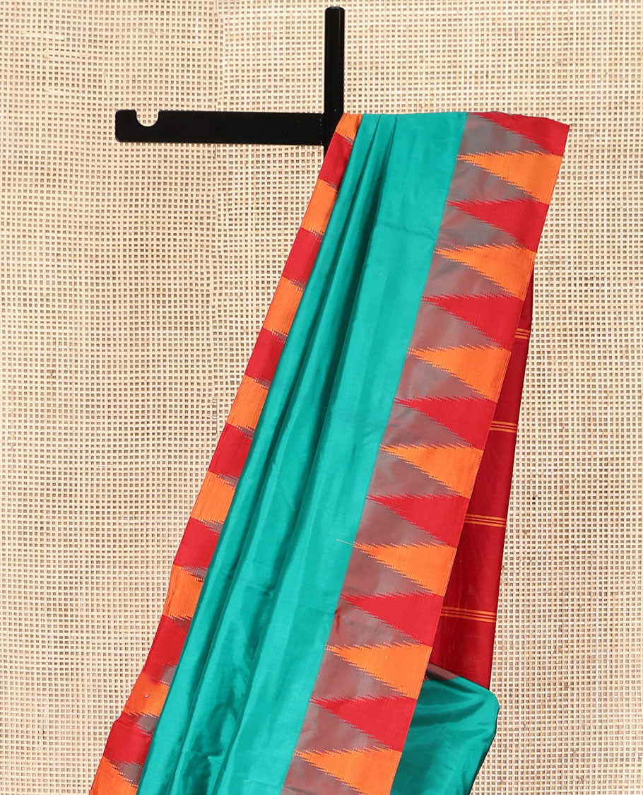 Green Plain Bangalore Silk Saree, Complemented by a Contrast Temple Border, Pallu of Stripes, and a Contrast Blouse
