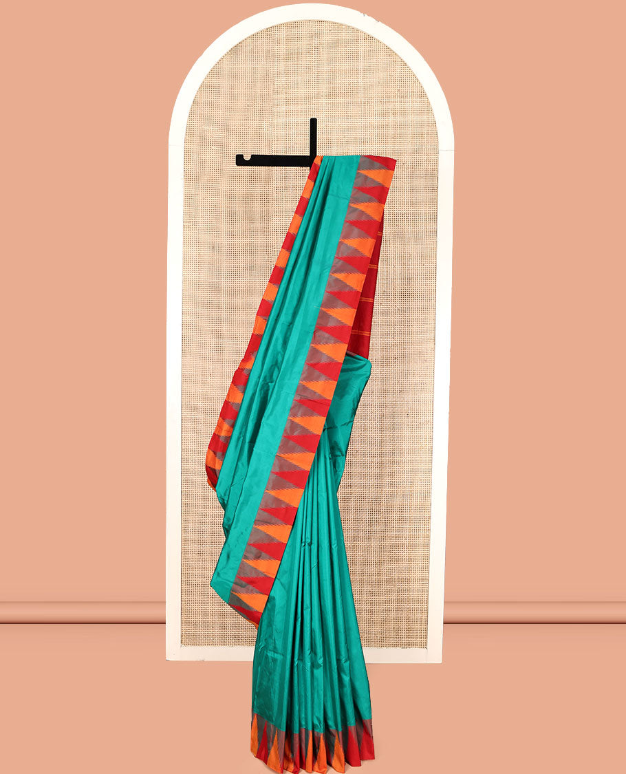 Green Plain Bangalore Silk Saree, Complemented by a Contrast Temple Border, Pallu of Stripes, and a Contrast Blouse