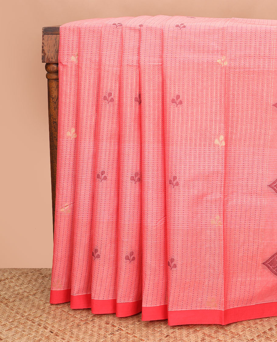 Pink striped and leaf motifs coimbatore cotton saree, contrast plain border and of intricate motifs
