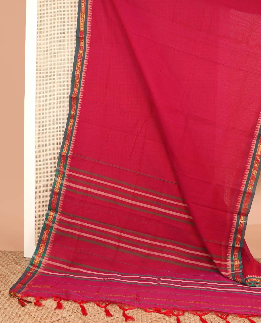 Red plain Narayanpet cotton saree, contrast temple rudraksham border, and striped pallu