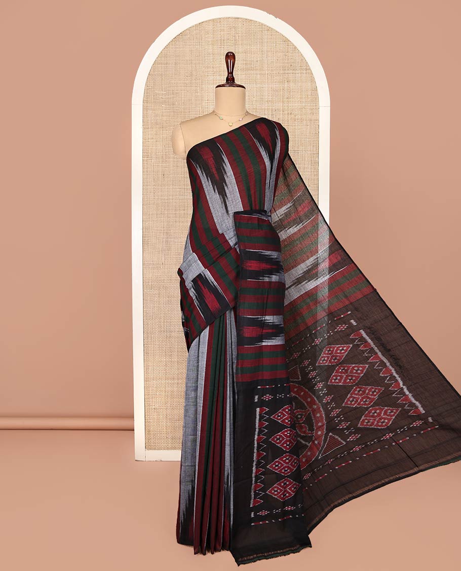 Grey Ikkat Cotton Saree, Adorned with Stripes on Its Body, Complemented by a Contrast Temple Border, Pallu of Ikkat-Style Intricate Designs, and Has No Blouse