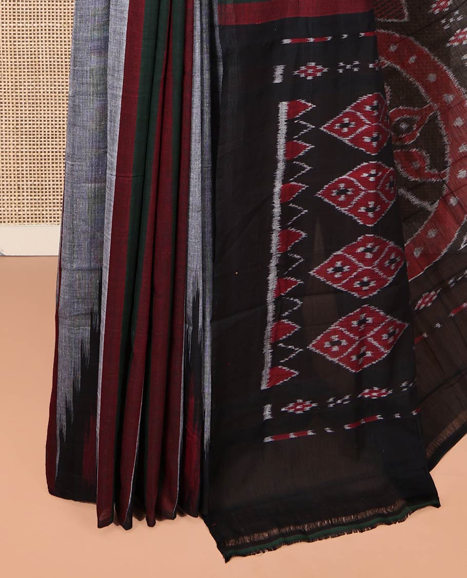 Grey Ikkat Cotton Saree, Adorned with Stripes on Its Body, Complemented by a Contrast Temple Border, Pallu of Ikkat-Style Intricate Designs, and Has No Blouse