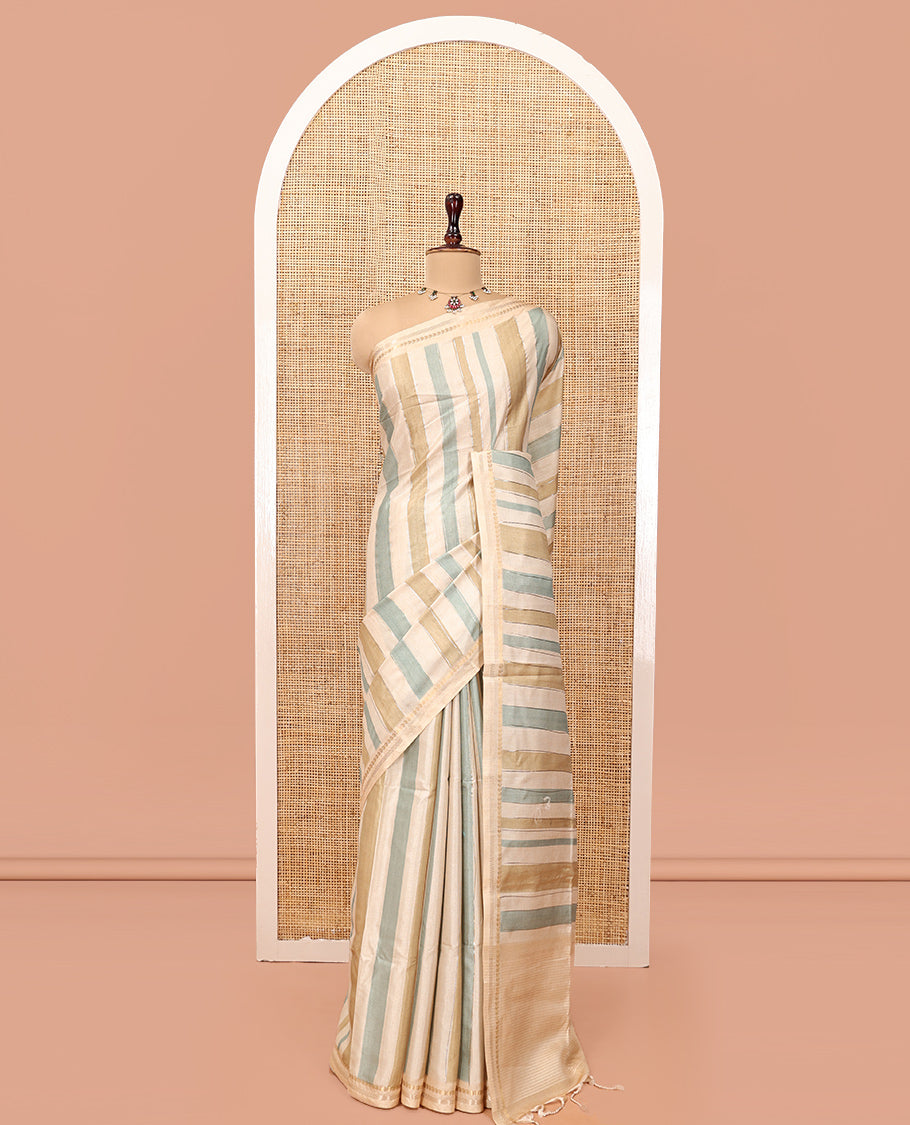 Chikku-Mustard Fancy Tussar Silk With Stripes, Zari Border, Pallu, and Blouse