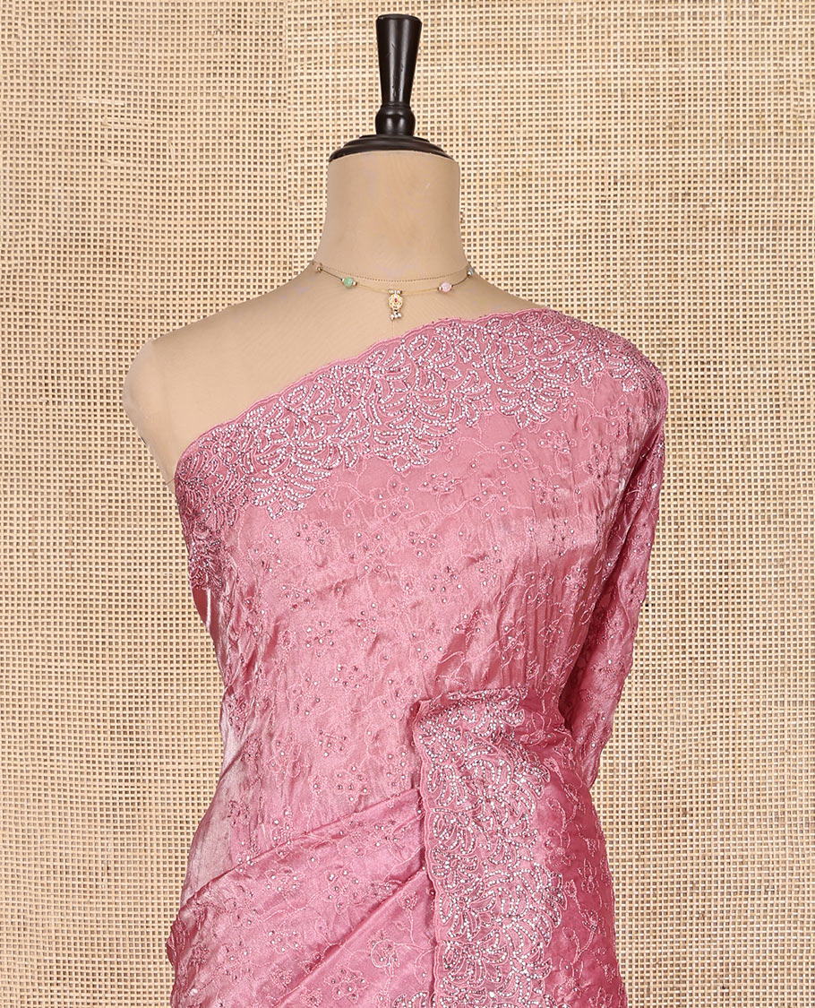 Pink Designer Saree, Enthralled with Floral Vine Thread and Stone Work, Scalloped Stonework Border, Self Pallu, and Matching Blouse