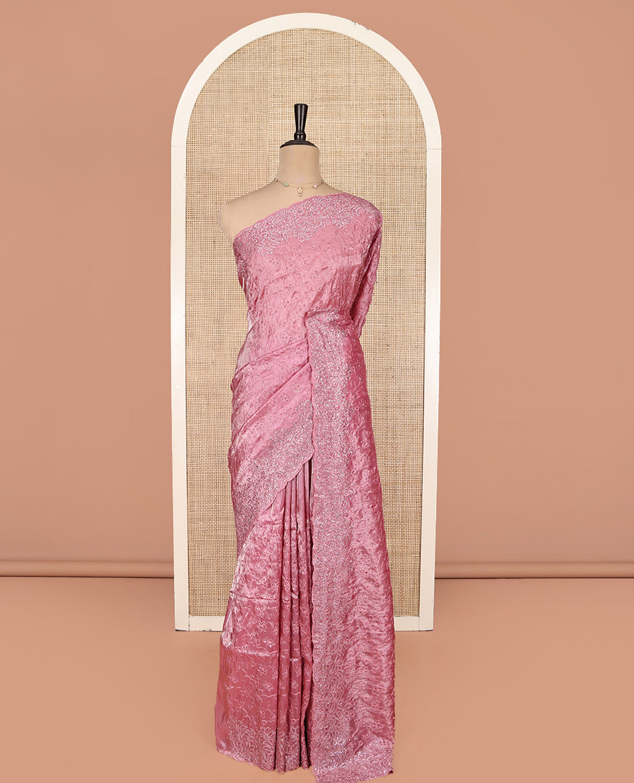 Pink Designer Saree, Enthralled with Floral Vine Thread and Stone Work, Scalloped Stonework Border, Self Pallu, and Matching Blouse