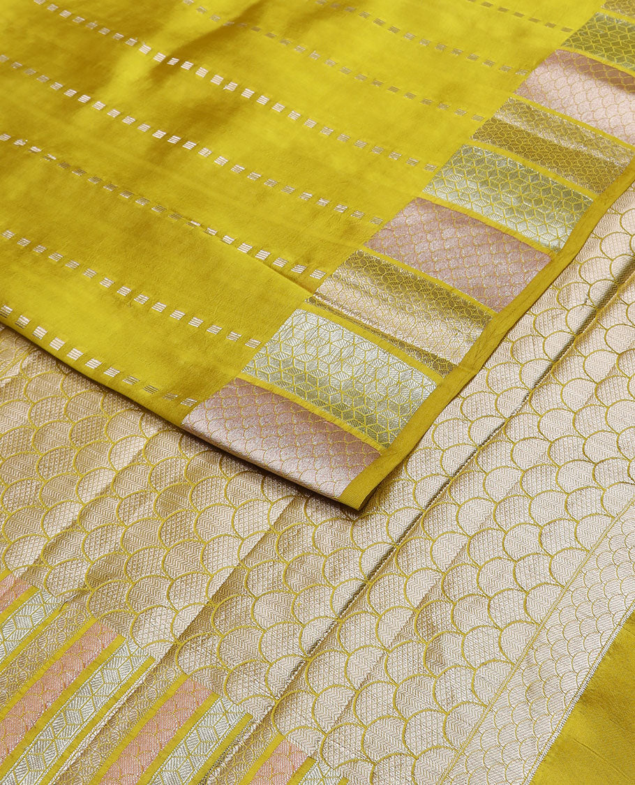 Mustard geometric design raw mango silk saree with self zari design border & ogee design pallu