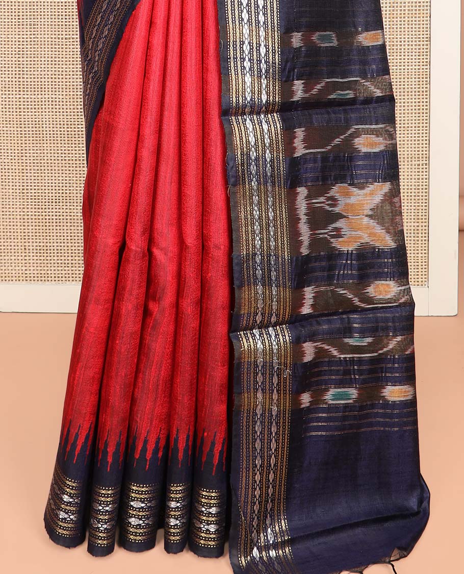 Red Plain Dupion Silk Saree, Complemented by a Contrast Temple Border of Traditional Motifs in Thread, Pallu of Ikkat Designs, and Paired with a Contrast Blouse