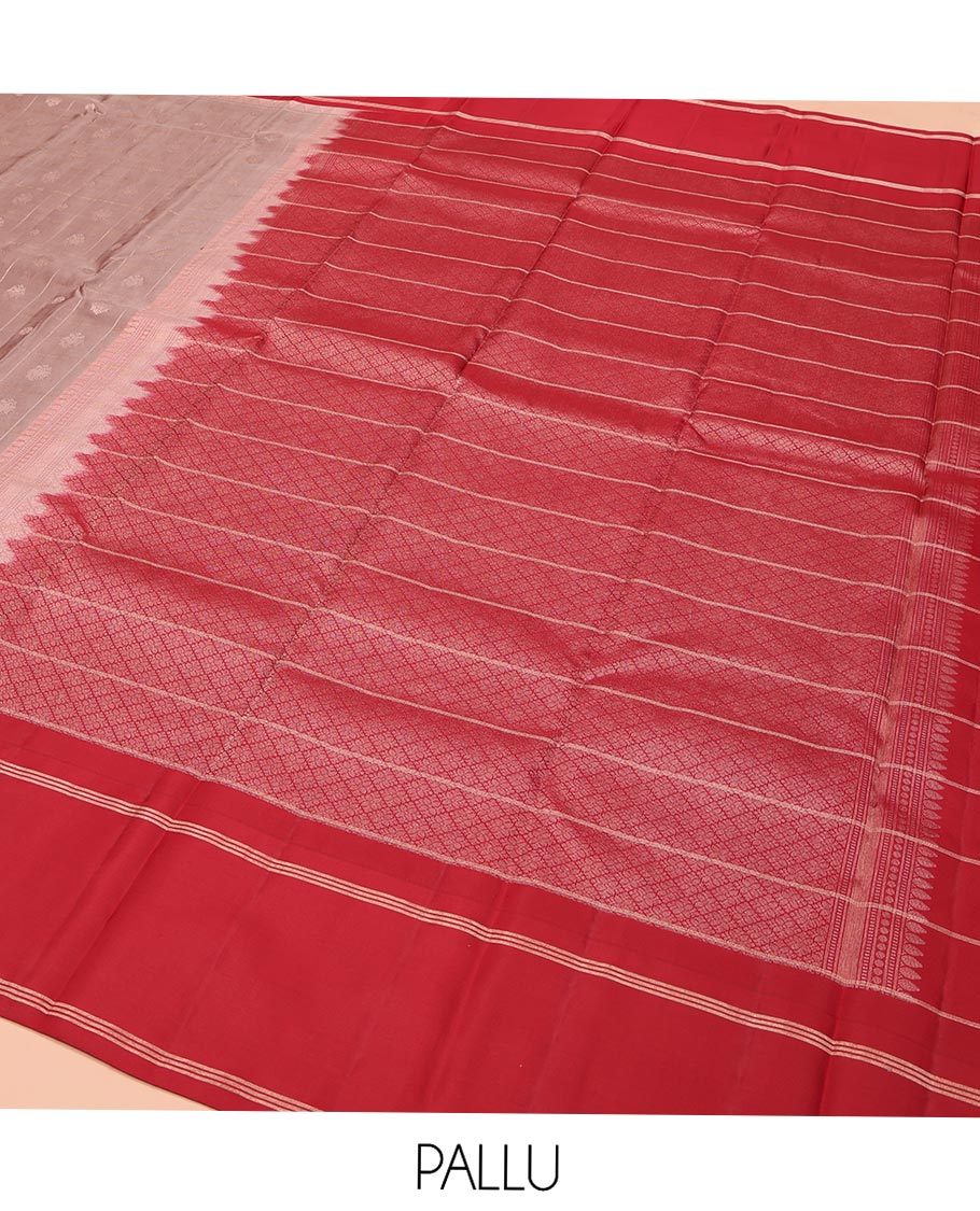 Pale Brown Kanchipuram Silk Saree, Delicately Woven with Iruthalaipakshi Butta Enclosed Checks on Its Body, Complemented by a Contrast Temple Border, Sparsely Woven Jaal Pallu, and Paired with a Contrast Blouse