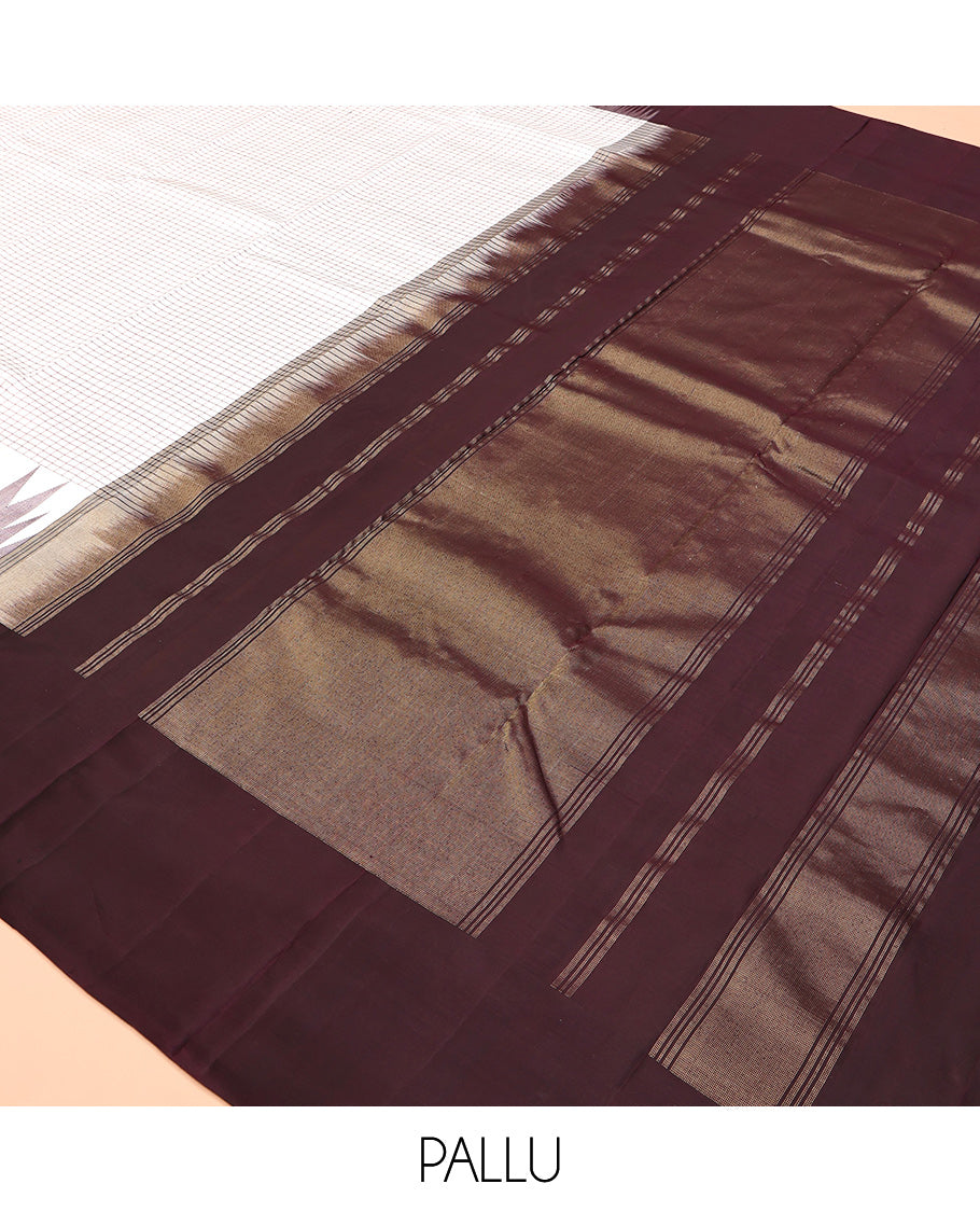 White Checked Kanchipuram Silk Saree, a Contrast Thazampoo Rekku Border, Zari-Woven Pallu, and a Contrast Blouse