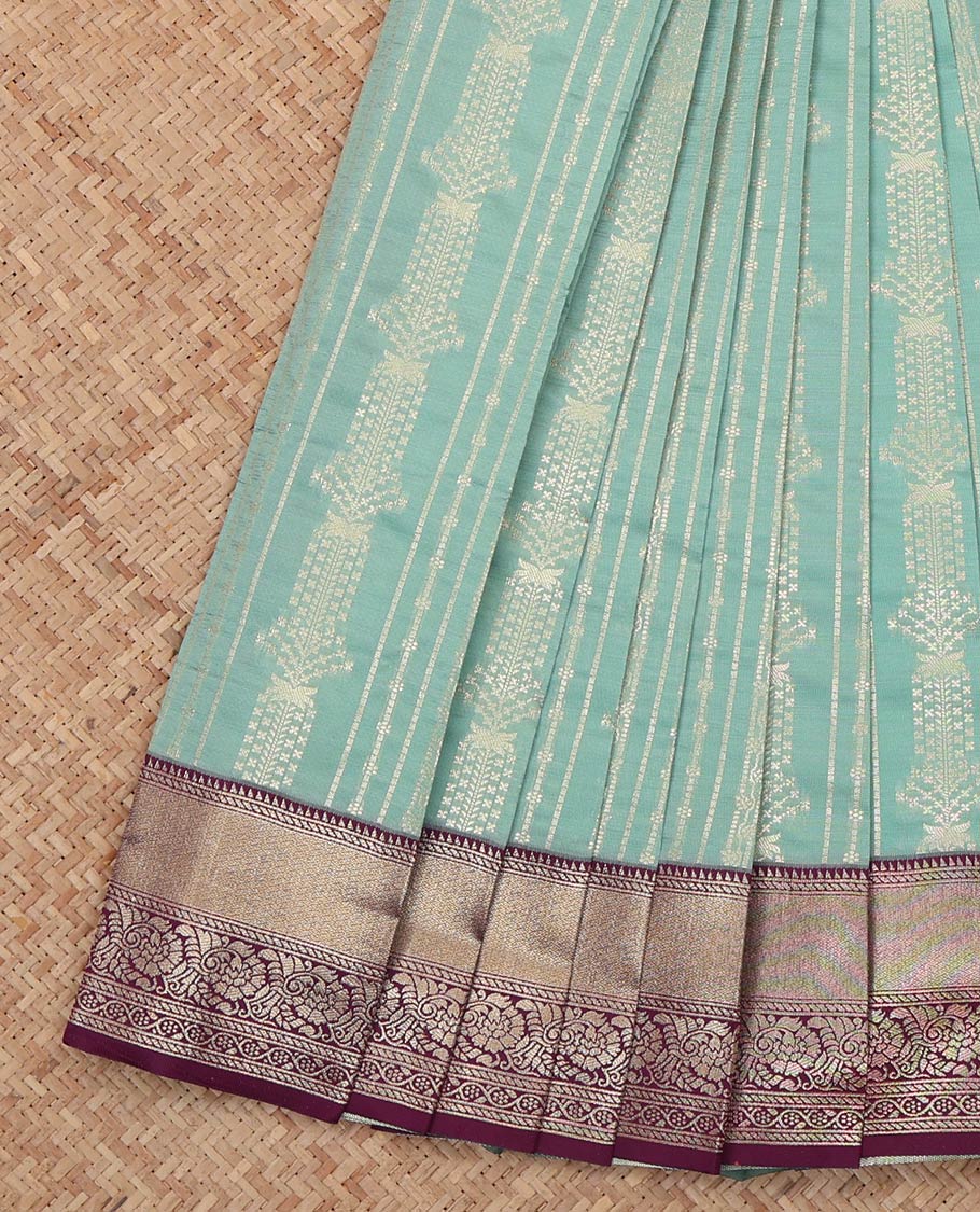 Blue Litchi Saree, Beautifully Bedecked with Zari Designs, a Contrast Traditional Zari Border, Jaal Pallu, and a Contrast Blouse