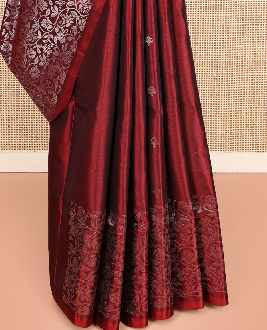 Red Mayuri Lite Silk Mix Saree, Detailed with Buttas, Highlighted by Floral Jaal Border, Contrast Jaal Pallu, and a Contrast Blouse