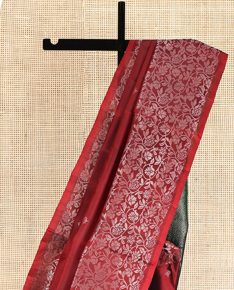 Red Mayuri Lite Silk Mix Saree, Detailed with Buttas, Highlighted by Floral Jaal Border, Contrast Jaal Pallu, and a Contrast Blouse