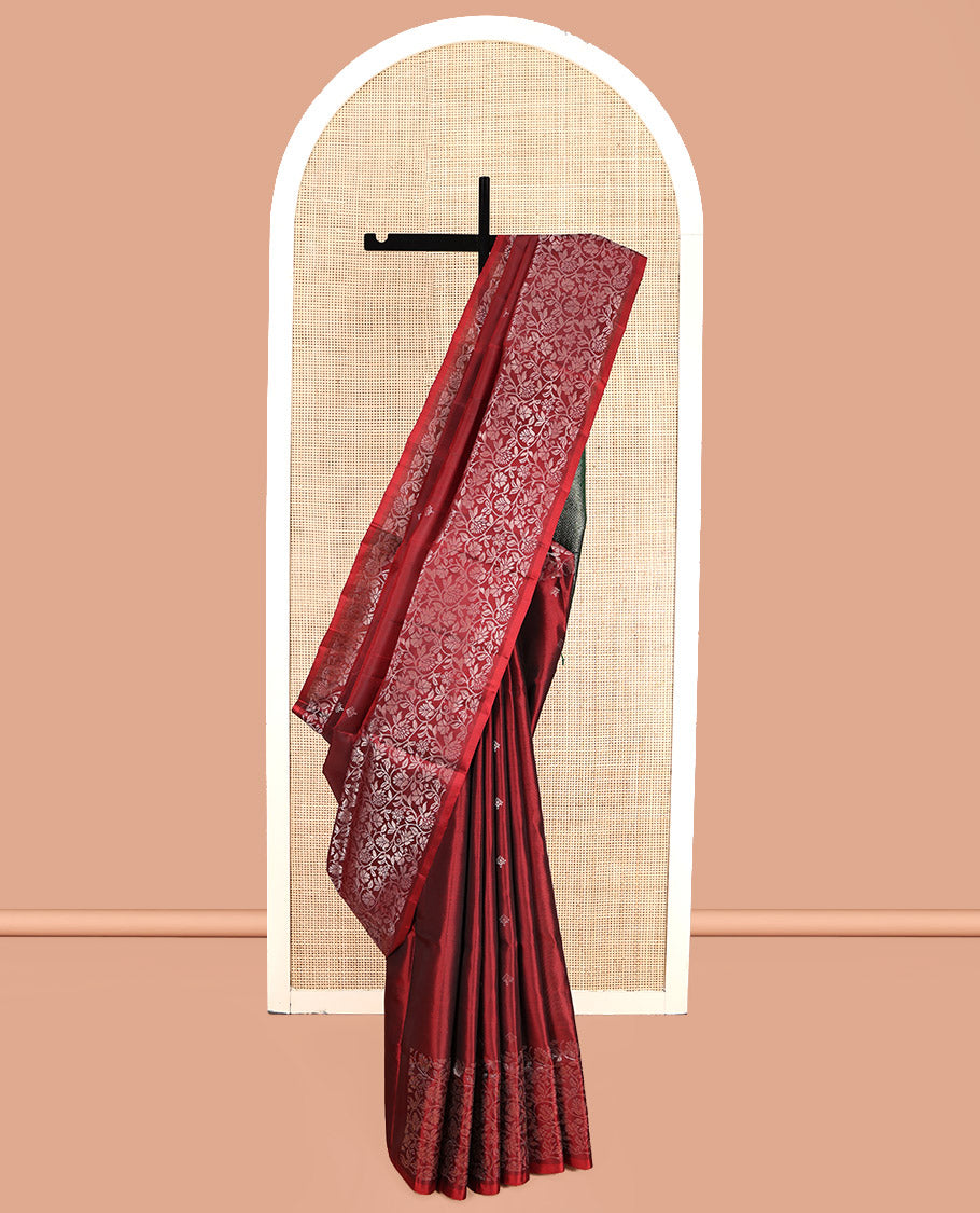 Red Mayuri Lite Silk Mix Saree, Detailed with Buttas, Highlighted by Floral Jaal Border, Contrast Jaal Pallu, and a Contrast Blouse