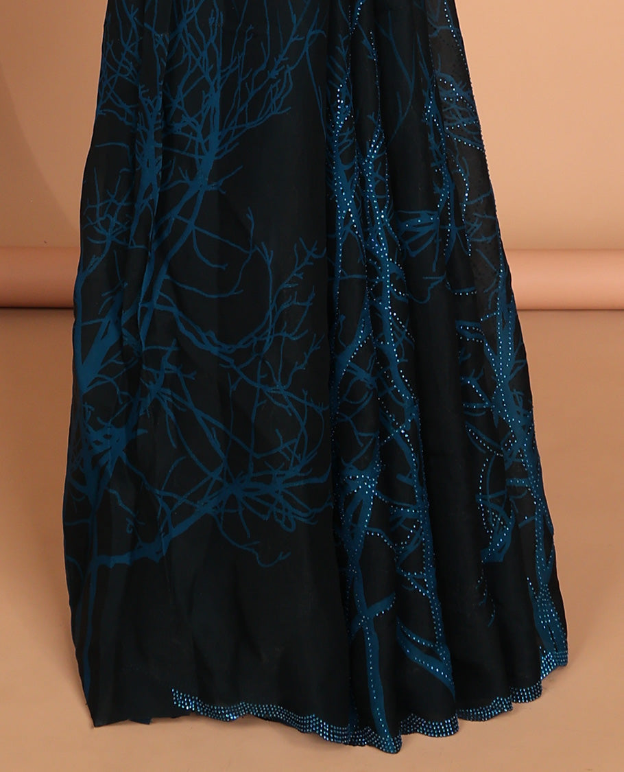 Peacock blue digital print, diamond work fendy satin saree with stone work border