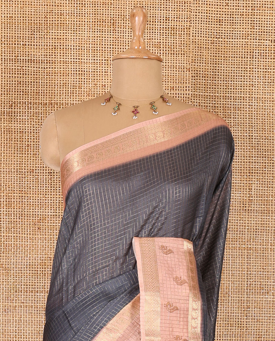 Grey gold zari checked katan silk saree with contrast traditional zari border of peacock print, peacock printed pallu, and contrast printed blouse