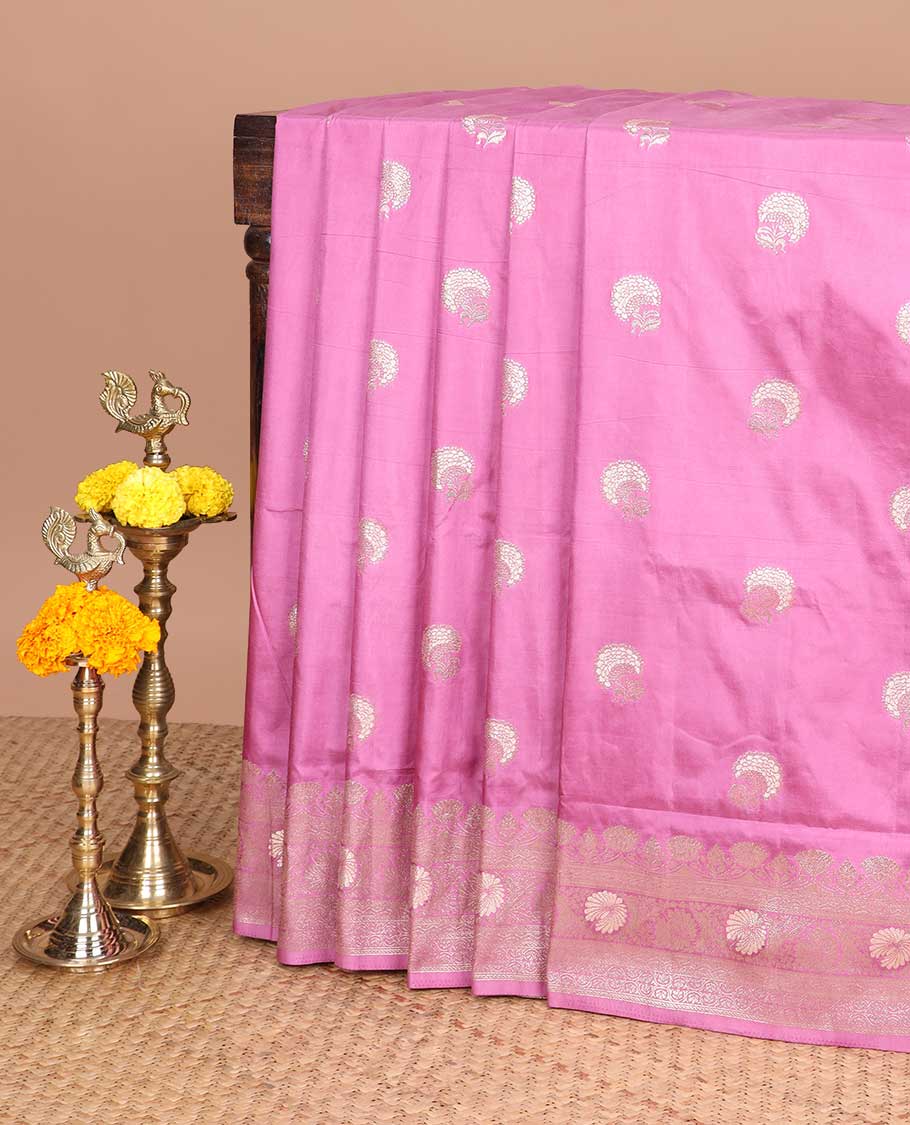 Onion pink neem zari butta dola silk saree with banaras border & rich pallu along with plain blouse