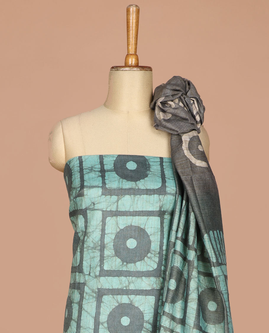 Pista green with ash color geometric batik print bhagalpur cotton chudidhar material top with batik print cotton pants & batik print mul mul dupatta