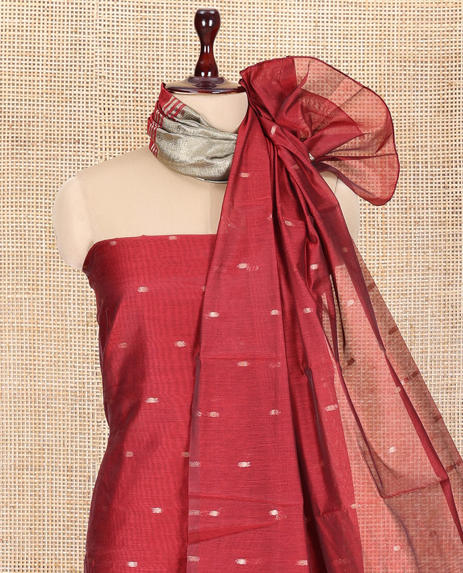Maroon Banarasi Chanderi Material Churidar, Mesmerized with Buttas Top, a Plain Bottom, and a Matching Dupatta
