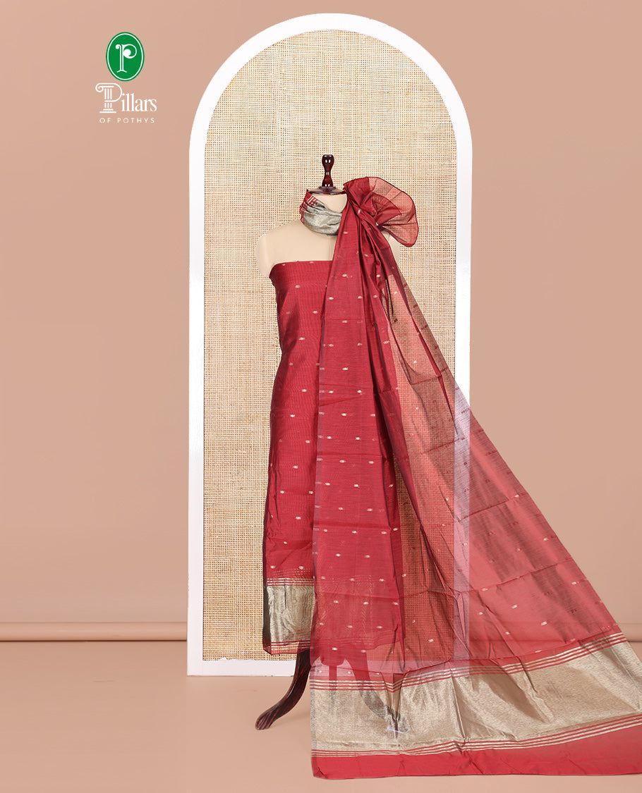 Maroon Banarasi Chanderi Material Churidar, Mesmerized with Buttas Top, a Plain Bottom, and a Matching Dupatta