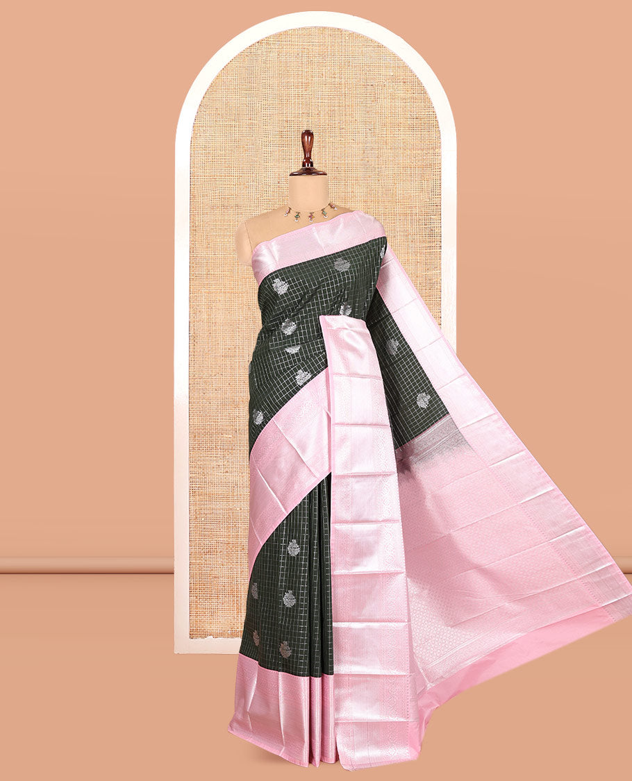 Dark Green-Light Pink Zari Checked Budget Silk Saree, Contrast Traditional Border, Intricate Pallu, and Contrast Blouse