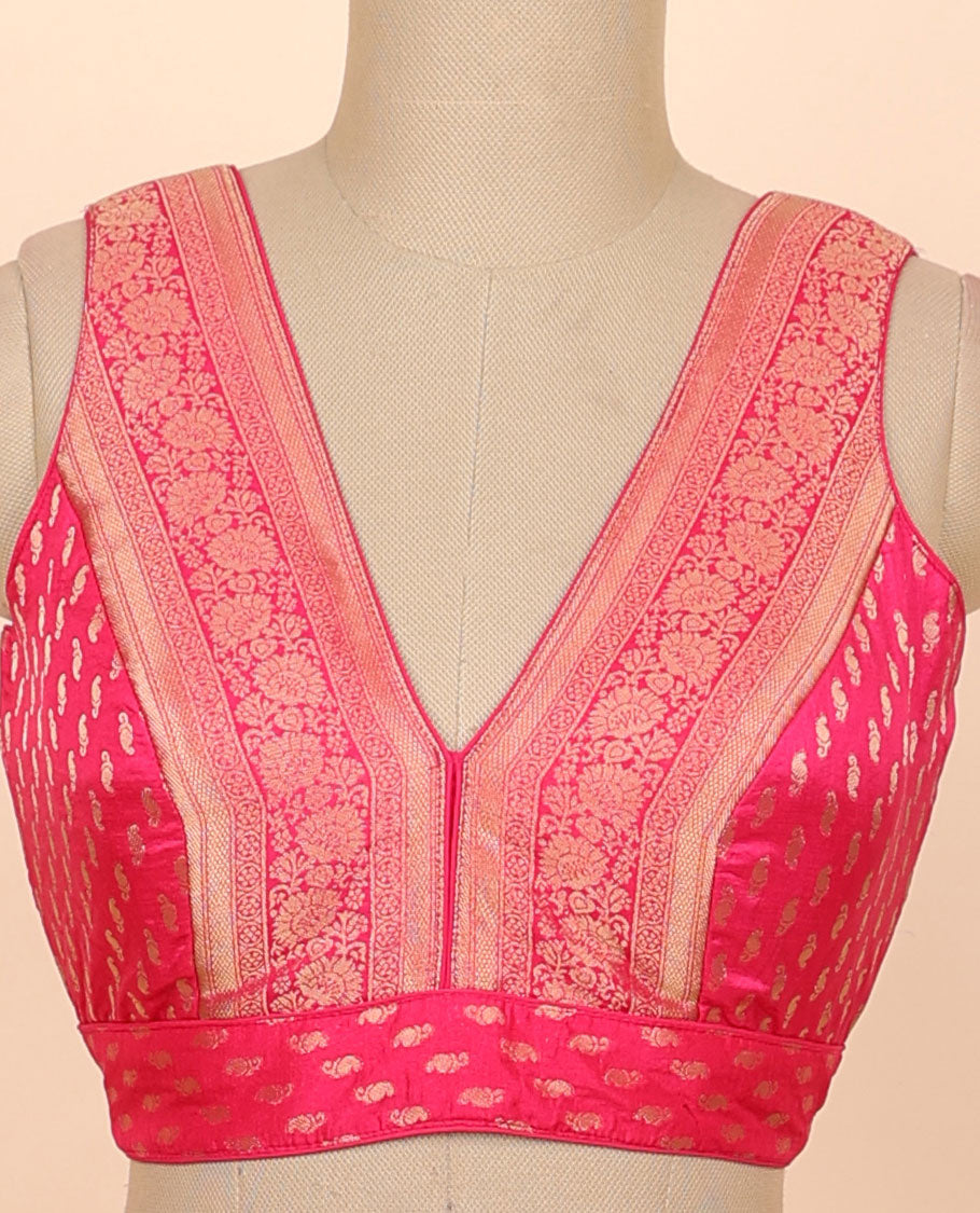 Pink floral zari design front & back deep v-neck raw-silk readymade sleeveless blouse