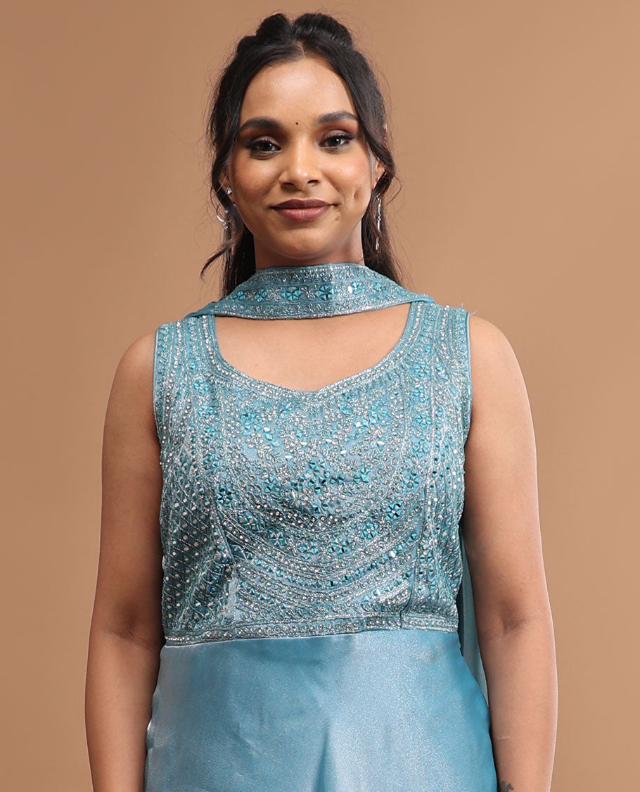 Blue embroidery round neck, sleeveless , floor lenght & embroidered dupatta