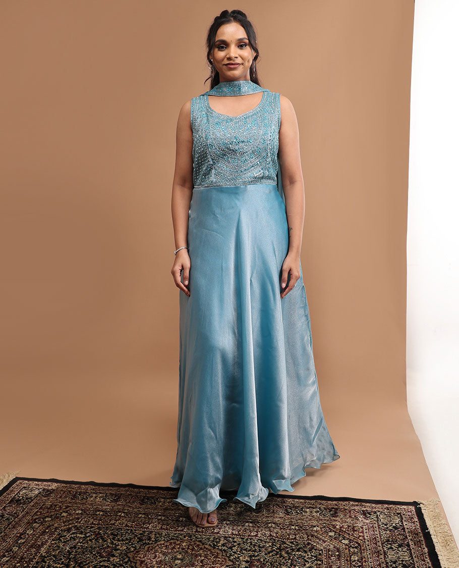 Blue embroidery round neck, sleeveless , floor lenght & embroidered dupatta