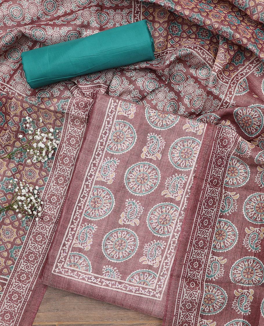 Brown material chudidar set, Ajrakh style printed with stone work top, contrast blue plain bottom and Ajrakh printed dupatta