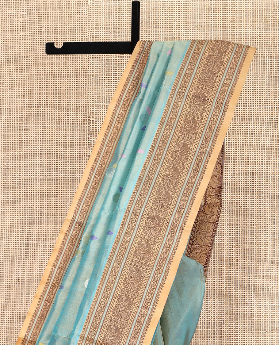 Blue Venkatagiri Silk Saree, Featuring Meena Buttas All Over Its Body, Complemented by a Contrast Traditional Motifs Woven Border, Pallu of Peacock Designs, and Paired with a Contrast Blouse