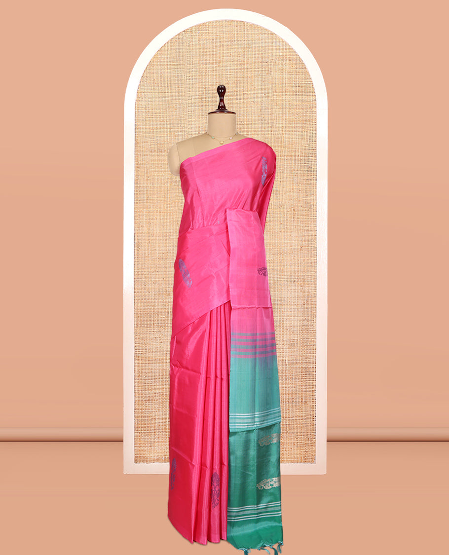 Borderless Pink Banana Pith Saree, Subtly Woven with Thread Buttas, a Contrast Pallu of Buttas and Stripes, and a Contrast Blouse