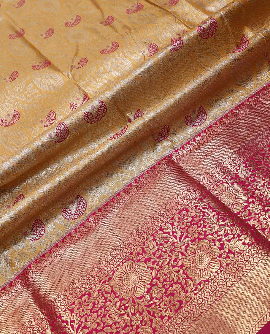 Yellow art silk half saree material , floral jacquard with contrast traditional zari bordered skirt, contrast jacquard blouse, and paisley jaal dhavani