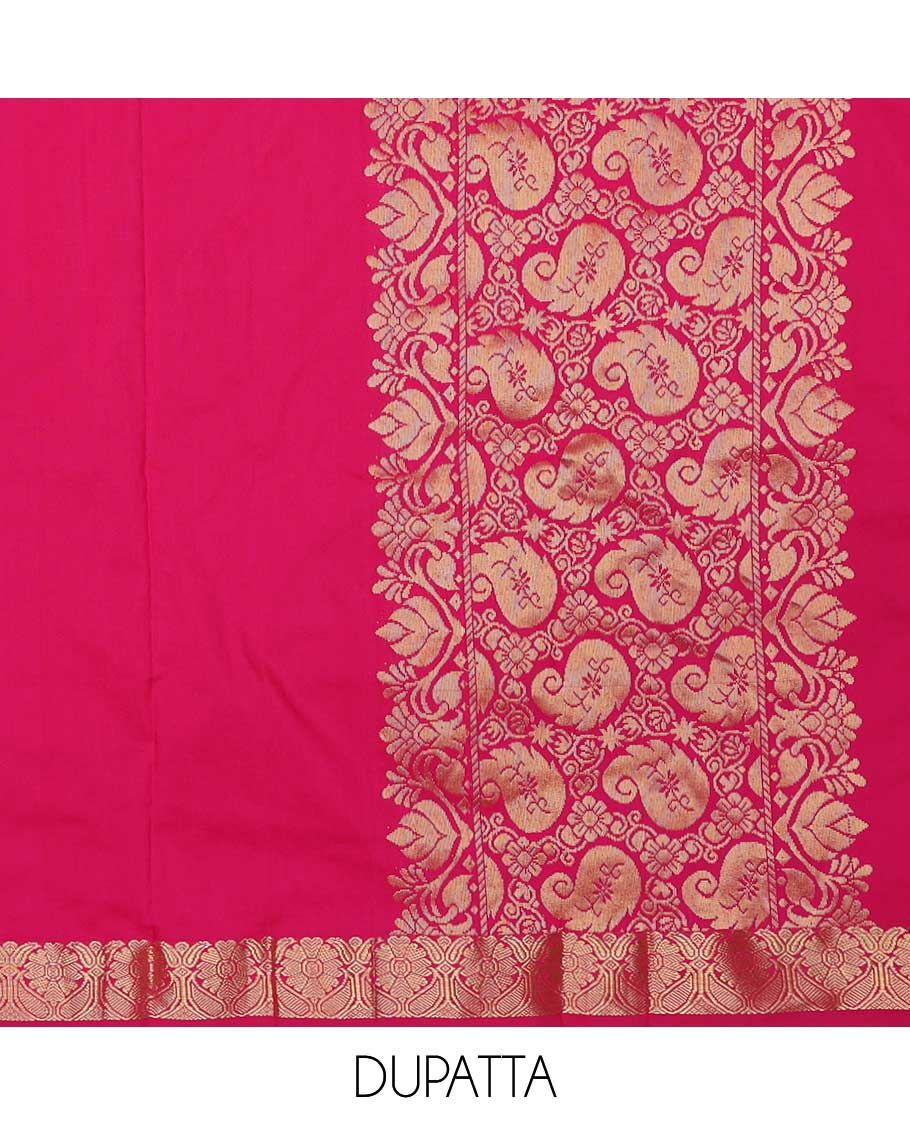 Yellow art silk half saree material , floral jacquard with contrast traditional zari bordered skirt, contrast jacquard blouse, and paisley jaal dhavani