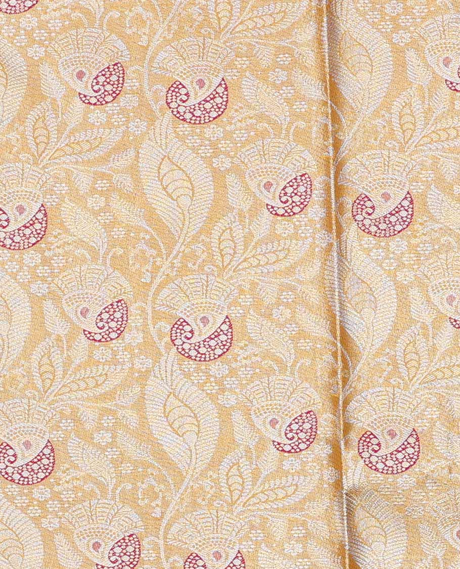 Yellow art silk half saree material , floral jacquard with contrast traditional zari bordered skirt, contrast jacquard blouse, and paisley jaal dhavani