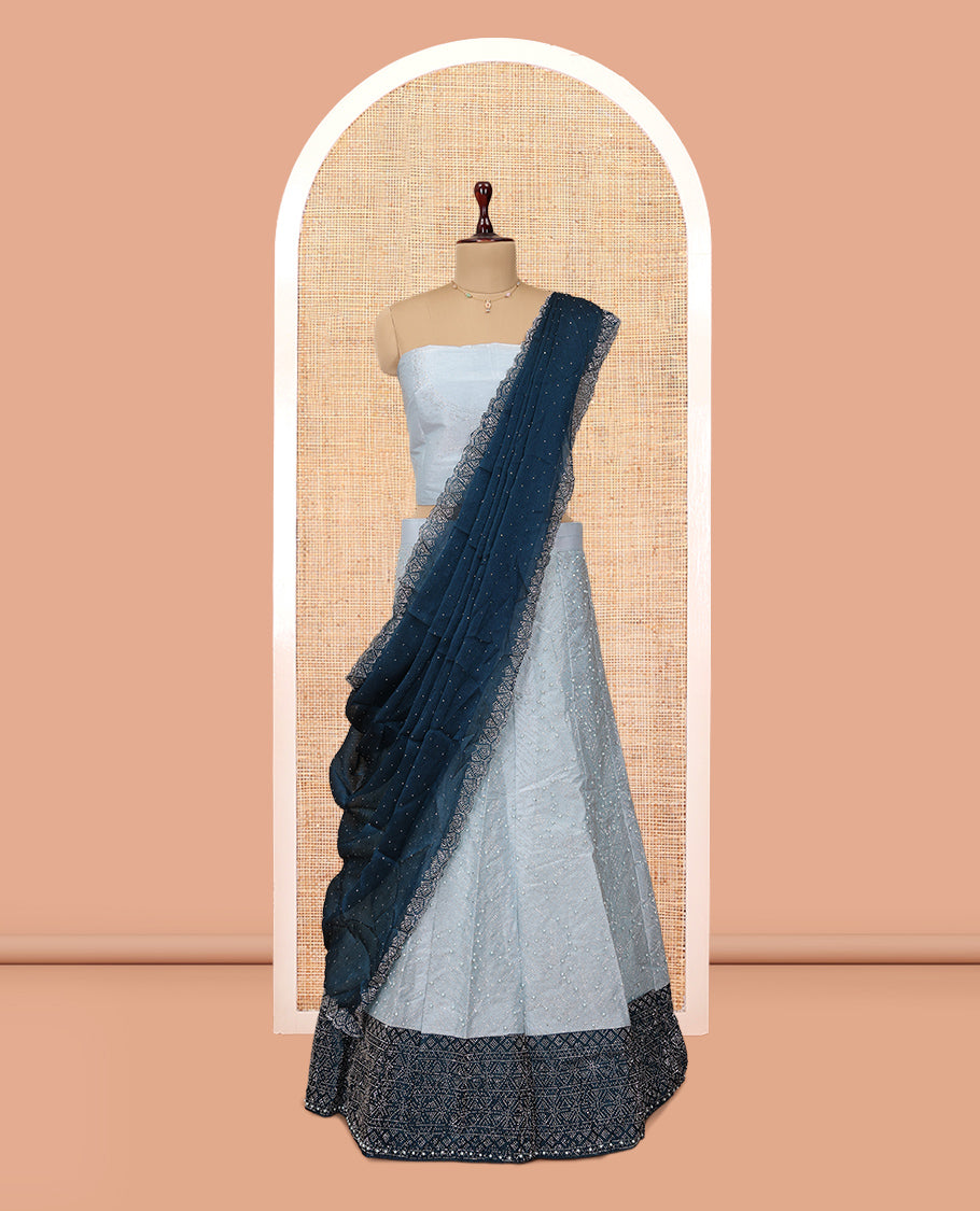Light Blue Banarasi Half-Saree, Finely Crafted with Bead Work Skirt, a Contrast Stone Work Border, Matching Blouse, and Contrast Scallop Stone Work Dupatta