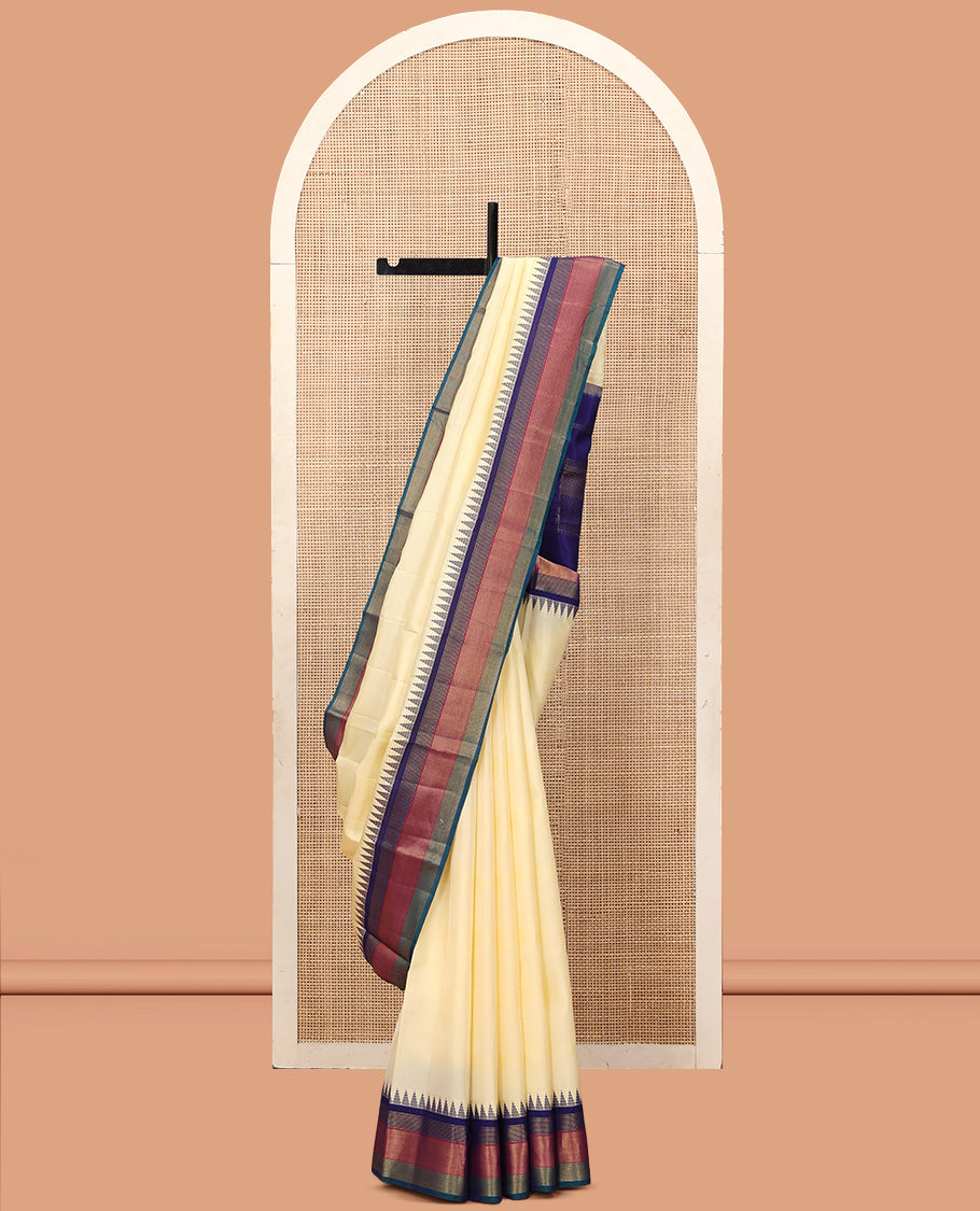 Cream Bangalore Silk Saree, Complemented by a Contrast Temple Border, Pallu of Geometric Designs, and a Contrast Blouse
