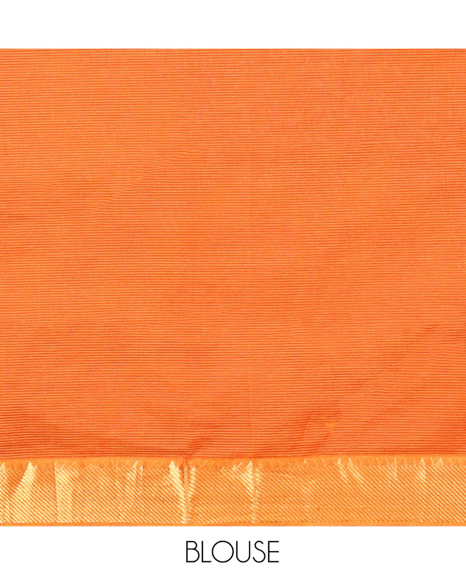 Orange Sparsely Striped Mangalgiri Cotton Saree, Highlighted by a Zari Border, Gleaming Zari-Striped Pallu, and Paired with a Matching Blouse