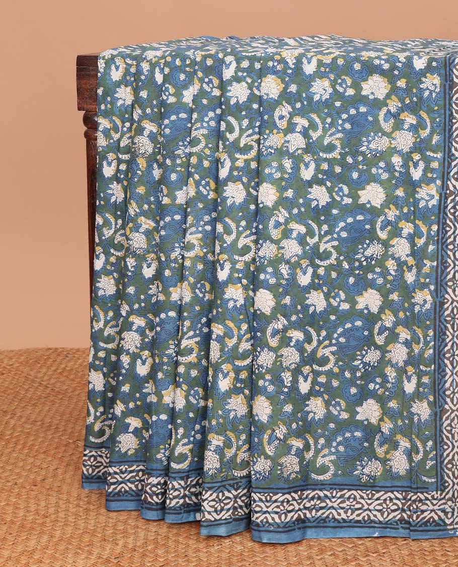 light blue floral design mul mul cotton saree with self geometric design border & floral design pallu