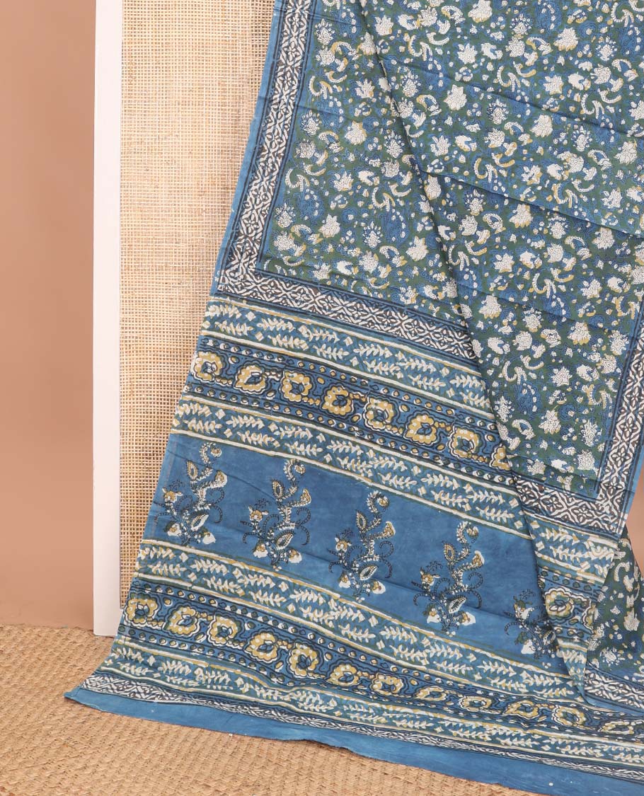 light blue floral design mul mul cotton saree with self geometric design border & floral design pallu