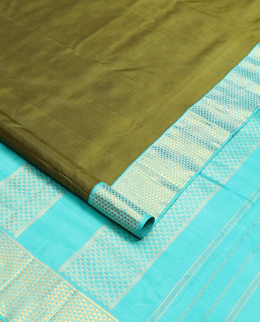 Green plain nine-yard silk saree, contrast ara maadam designs border, and pallu of ara maadam designs
