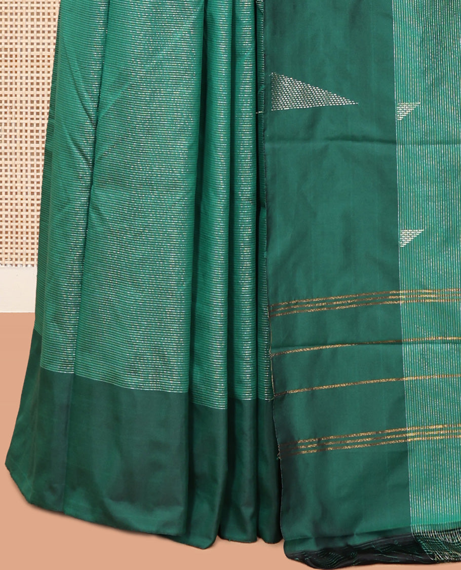 Green Arani Saree, Steeped with Zari Stripes, a Contrast Temple Border, Pallu of Zari Designs, and a Matching Blouse