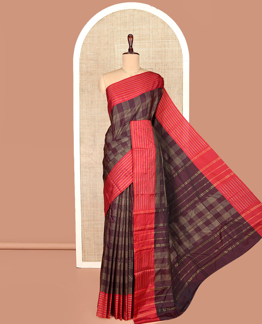 Maroon Aarani Gift Saree, Elevated with Checks on Its Body, Complemented by a Contrast Zari Striped Border, a Pallu of Zari Designs, and Paired with a Matching Blouse