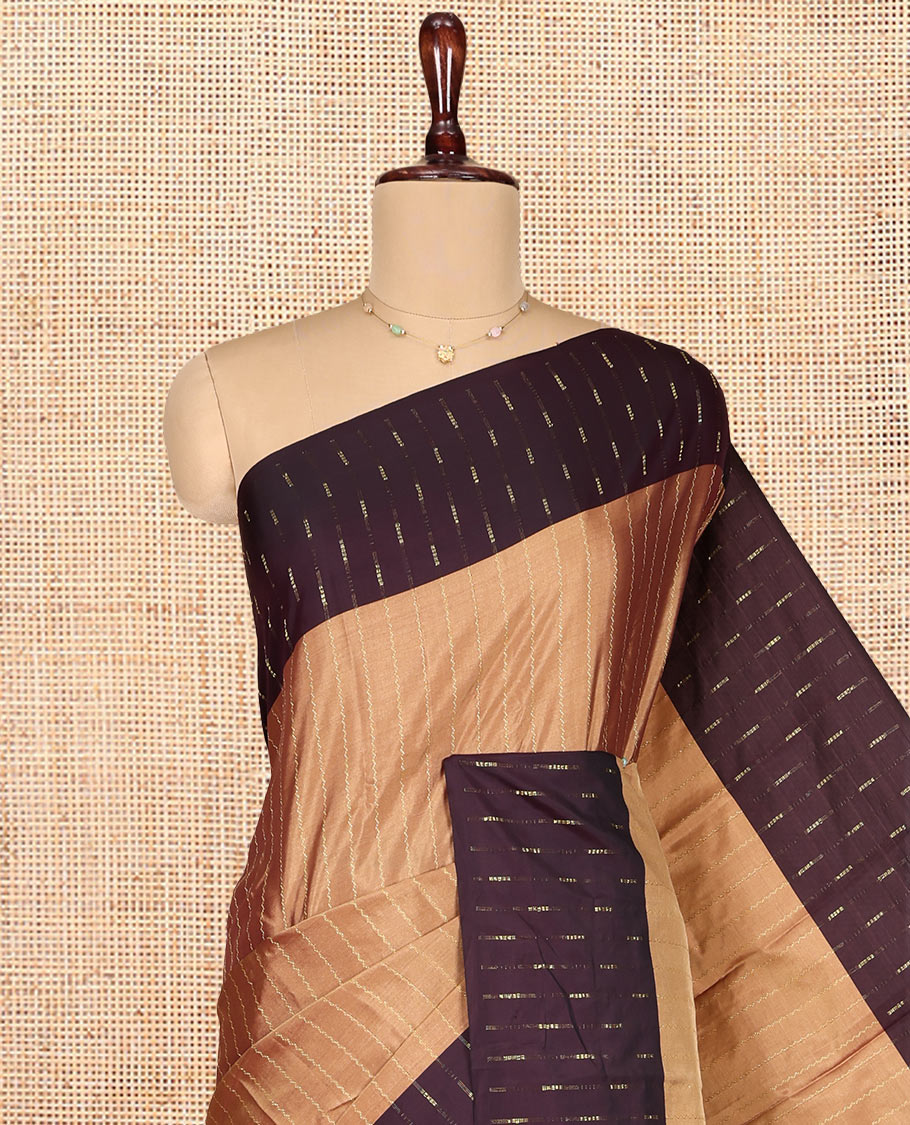 Orange Aarani Gift Saree, Subtly Woven with Zig-Zag Stripes on Its Body, Complemented by a Contrast Striped Border, Subtle Striped Pallu, and Paired with a Matching Blouse