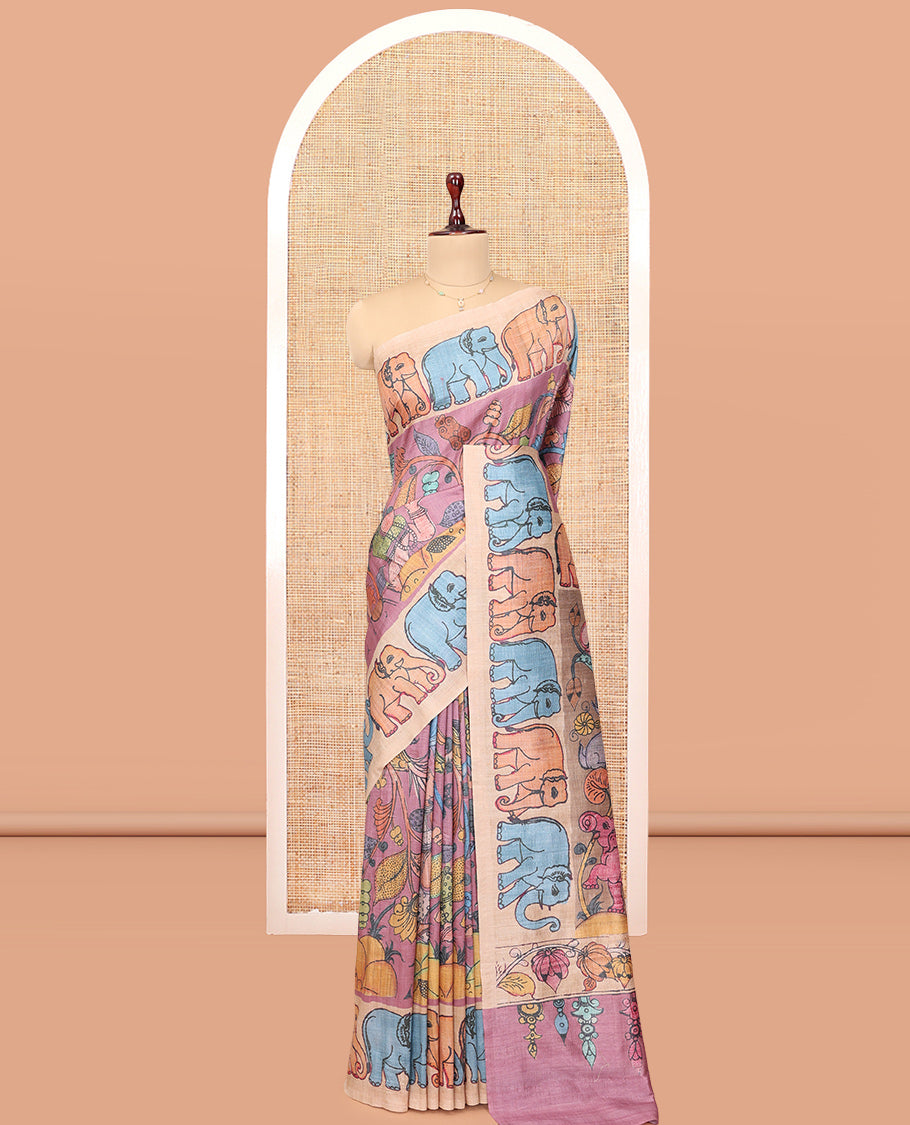 Pink Fancy Tussar Saree Features Kalamkari Floral and Animal Print, Contrast Elephant Border, Kalamkari Pallu, and a Contrast Blouse
