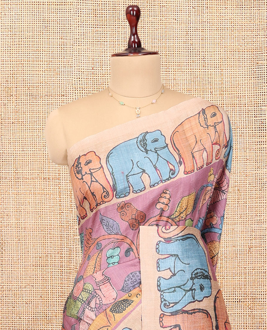 Pink Fancy Tussar Saree Features Kalamkari Floral and Animal Print, Contrast Elephant Border, Kalamkari Pallu, and a Contrast Blouse