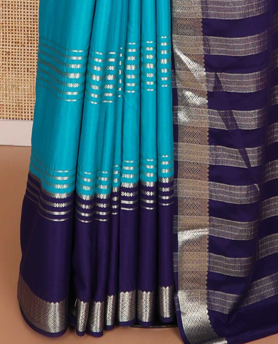 Light blue striped design mysore silk saree with contrast zari design border & striped pallu