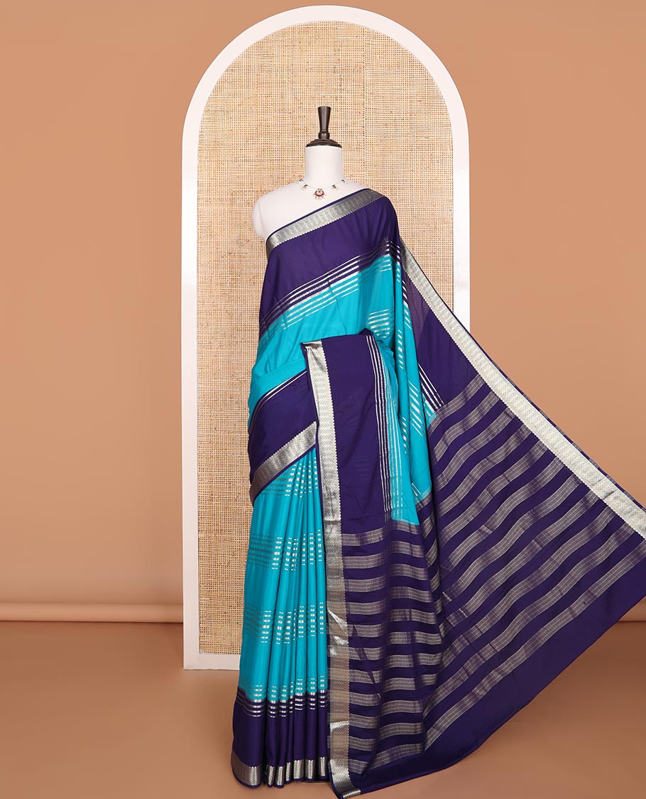 Light blue striped design mysore silk saree with contrast zari design border & striped pallu