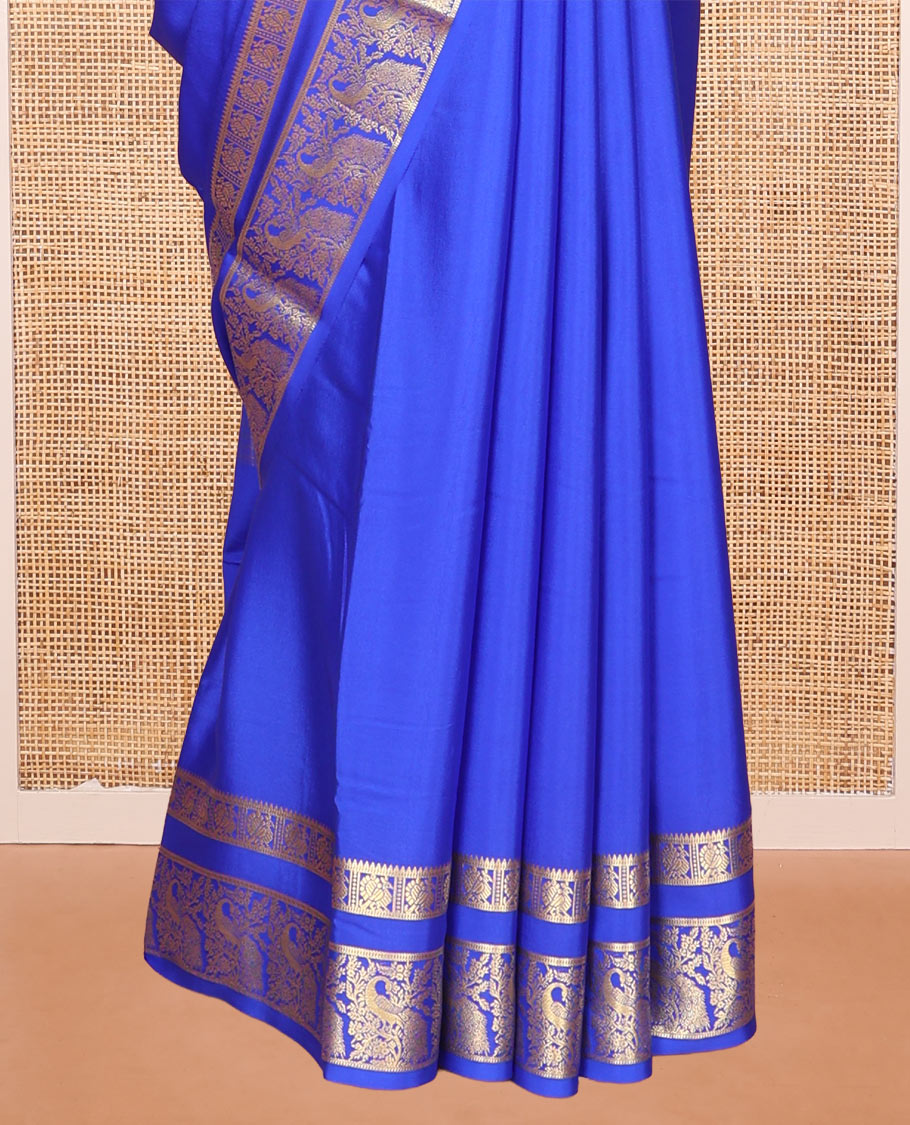 Blue Plain Mysore Silk Saree, Richly Detailed with Zari Border of Peacock Designs, Sparsely Woven Pallu of Stripes, and Paired with a Matching Blouse