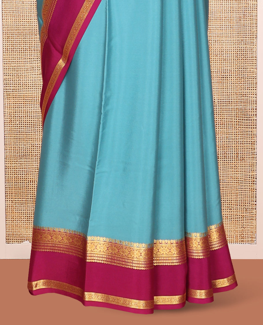 Blue Plain Mysore Silk Saree, Complemented by Captivating Contrast Border of Traditional Zari Designs, Zari Striped Pallu and Paired with a Contrast Blouse